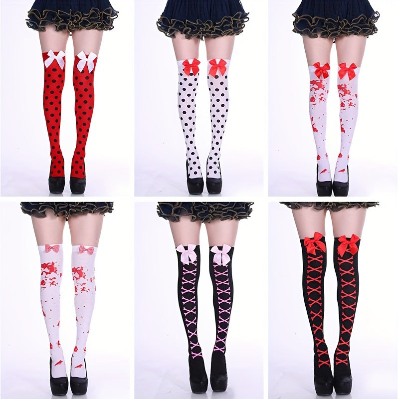 Bow Decor Printed Thigh High Stockings