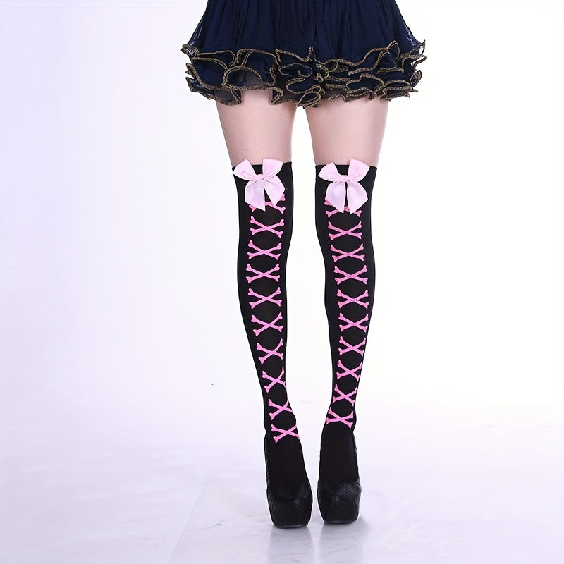 Bow Decor Printed Thigh High Stockings